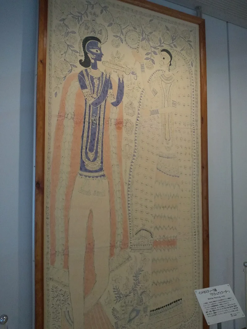 A Mithila painting depicting Krishna and Radha, a devotional subject in Madhubani art