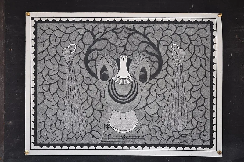 A traditional Madhubani painting showcasing intricate line work and natural dye colours in classic Mithila folk art style