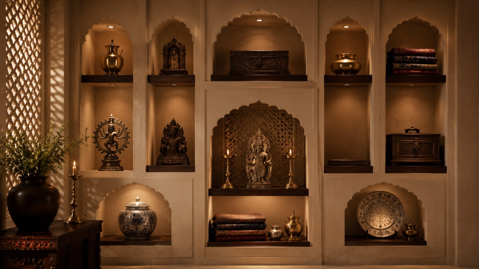 Curated heritage shelf with brass accents