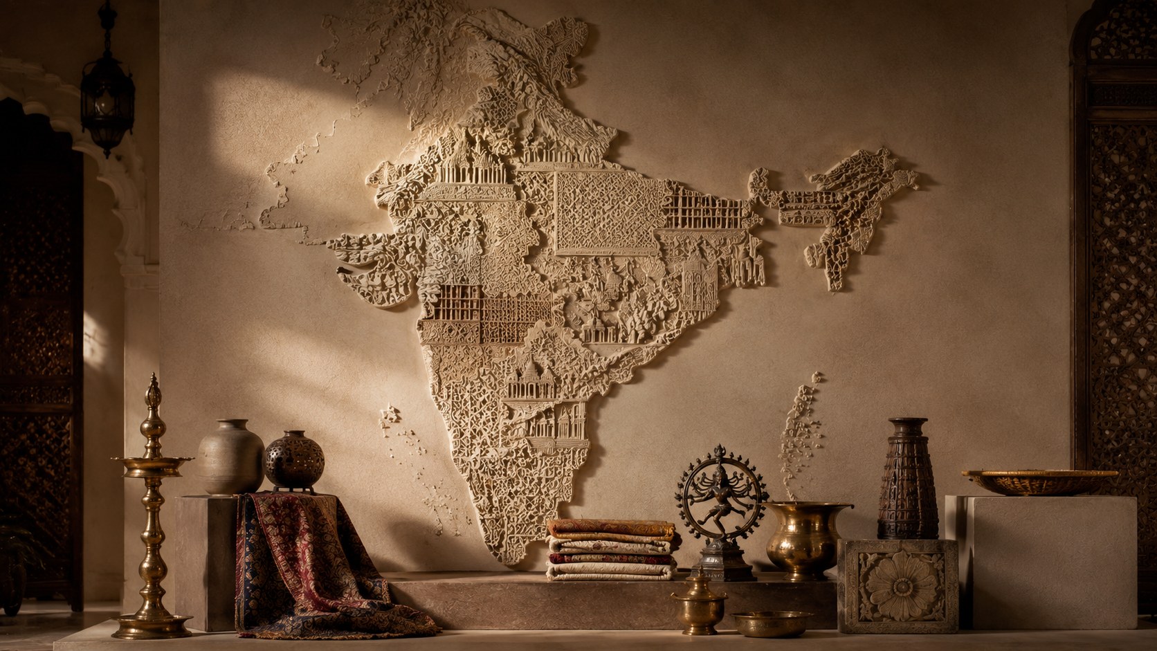 A sculptural map of India formed from architectural and craft motifs