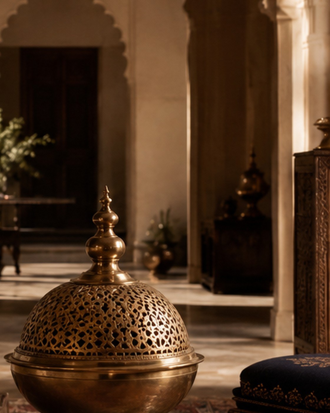 Engraved brass object in a warm heritage interior