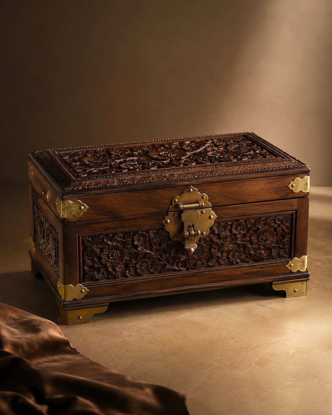 Carved wooden keepsake chest