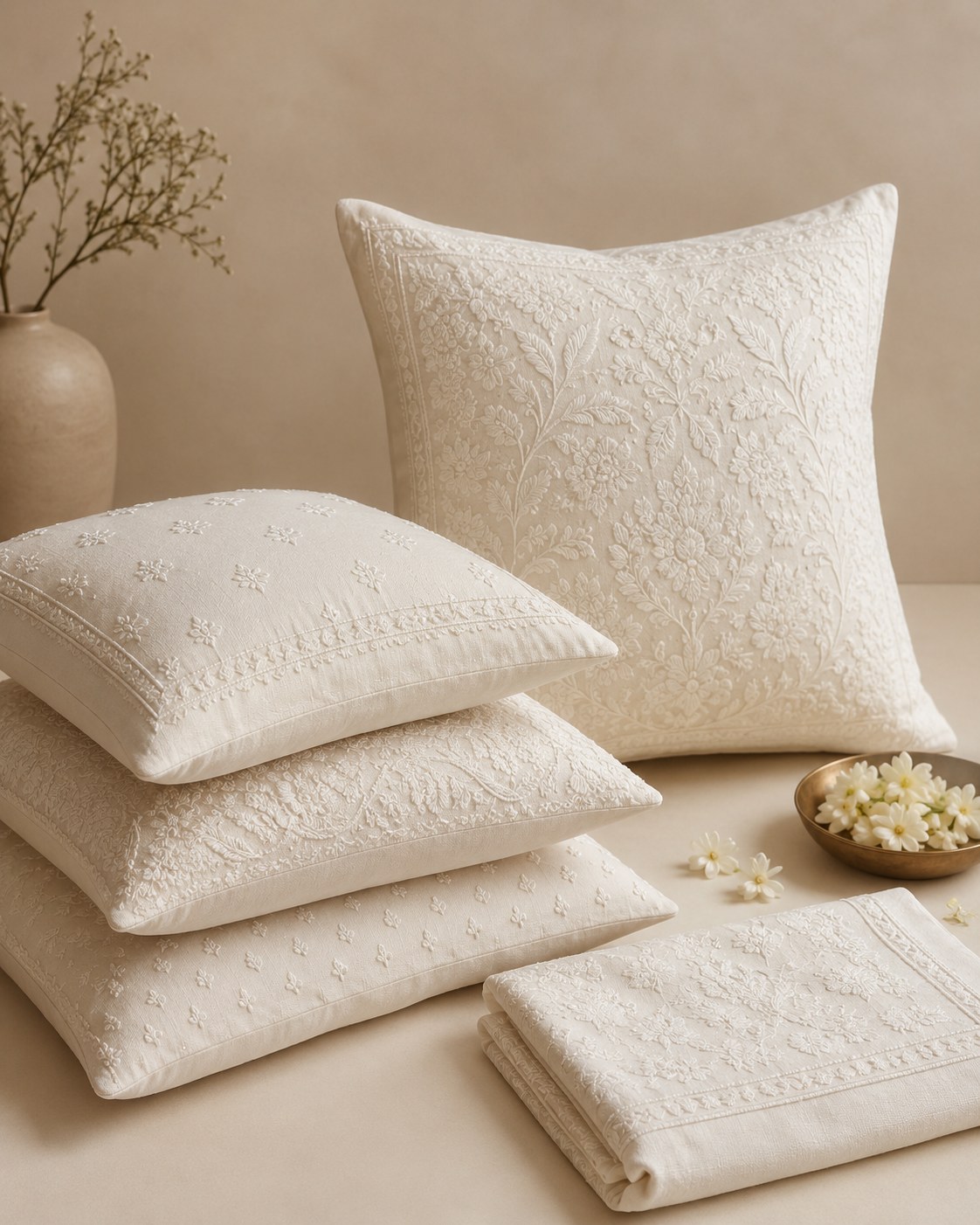Ivory chikankari cushion set