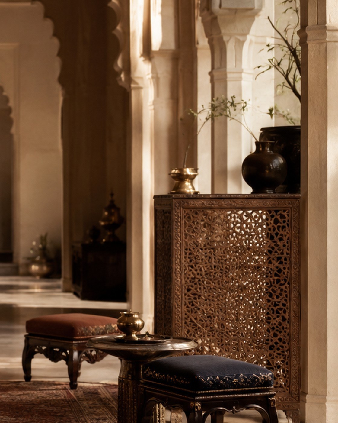Carved jaali screen in an Indian interior