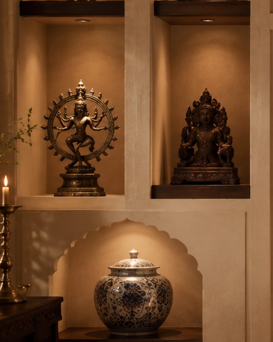 Bronze sculptural figures displayed in arched niches